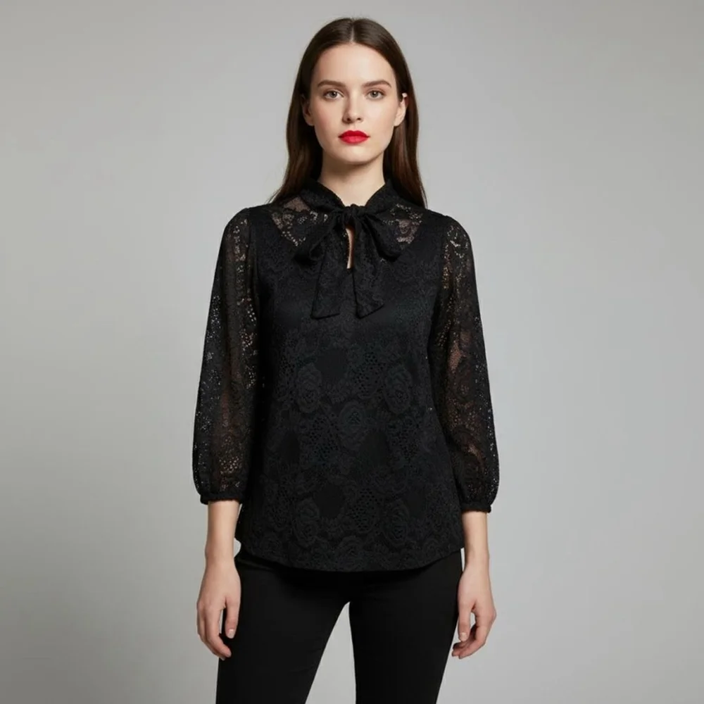 Cable & Gauge Black Lace Tie Neck Long Sleeve Blouse Women’s Size Small - Picture 1 of 11